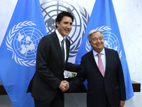 Antonio Guterres the UN Secretary General meets with H.E. Mr. Justin Trudeau, Prime Minister, Canada at the United Nations Headquarters on S...