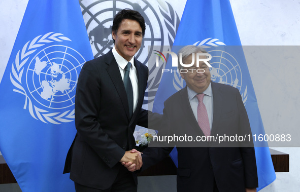 Antonio Guterres the UN Secretary General meets with H.E. Mr. Justin Trudeau, Prime Minister, Canada at the United Nations Headquarters on S...