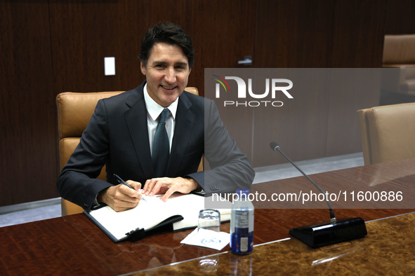 Antonio Guterres the UN Secretary General meets with H.E. Mr. Justin Trudeau, Prime Minister, Canada at the United Nations Headquarters on S...