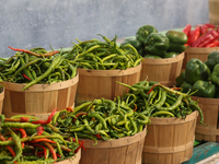 Various types of peppers are at a farmers market in Markham, Ontario, Canada, on September 22, 2024. (