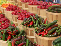 Various types of hot peppers are at a farmers market in Markham, Ontario, Canada, on September 22, 2024. (