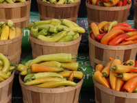 Various types of hot peppers are at a farmers market in Markham, Ontario, Canada, on September 22, 2024. (