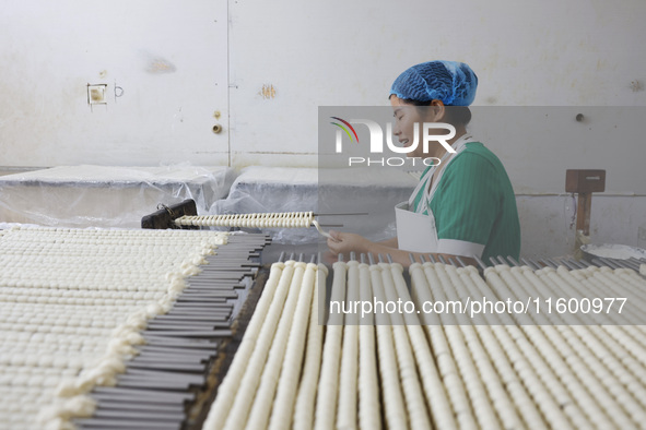 A worker processes hollow hanging noodles at a workshop in Suqian, Jiangsu province, China, on September 22, 2024. 