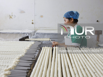 A worker processes hollow hanging noodles at a workshop in Suqian, Jiangsu province, China, on September 22, 2024. (