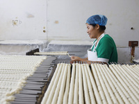 A worker processes hollow hanging noodles at a workshop in Suqian, Jiangsu province, China, on September 22, 2024. (