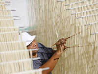 A worker processes hollow hanging noodles at a workshop in Suqian, Jiangsu province, China, on September 22, 2024. (