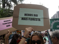 Protestors march for climate justice and against wildfires affecting the entire country in Sao Paulo, Brazil, on September 22, 2024. (