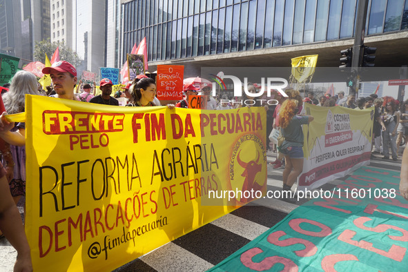 Protestors march for climate justice and against wildfires affecting the entire country in Sao Paulo, Brazil, on September 22, 2024. 