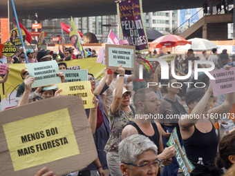 Protestors march for climate justice and against wildfires affecting the entire country in Sao Paulo, Brazil, on September 22, 2024. (