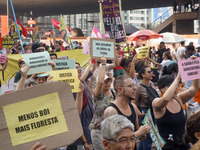 Protestors march for climate justice and against wildfires affecting the entire country in Sao Paulo, Brazil, on September 22, 2024. (