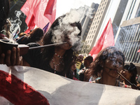 Protesters hold a demonstration against the fires and the climate situation in Brazil and for agrarian reform on Avenida Paulista, in the ce...