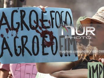 Protesters hold a demonstration against the fires and the climate situation in Brazil and for agrarian reform on Avenida Paulista, in the ce...