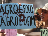 Protesters hold a demonstration against the fires and the climate situation in Brazil and for agrarian reform on Avenida Paulista, in the ce...