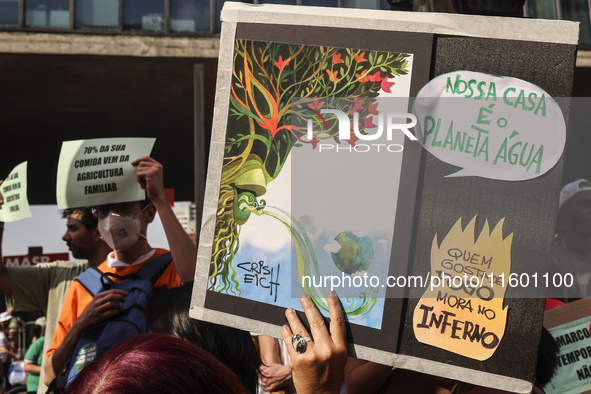 Protesters hold a demonstration against the fires and the climate situation in Brazil and for agrarian reform on Avenida Paulista, in the ce...