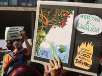 Protesters hold a demonstration against the fires and the climate situation in Brazil and for agrarian reform on Avenida Paulista, in the ce...