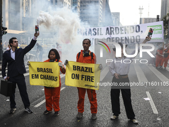 Protesters hold a demonstration against the fires and the climate situation in Brazil and for agrarian reform on Avenida Paulista, in the ce...