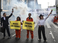 Protesters hold a demonstration against the fires and the climate situation in Brazil and for agrarian reform on Avenida Paulista, in the ce...