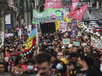 Protesters hold a demonstration against the fires and the climate situation in Brazil and for agrarian reform on Avenida Paulista, in the ce...