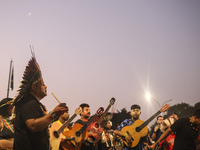 Protesters hold a demonstration against the fires and the climate situation in Brazil and for agrarian reform on Avenida Paulista, in the ce...