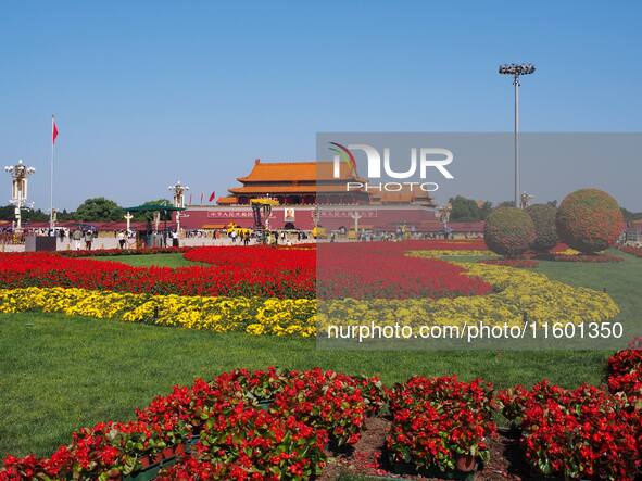 The flower altar at Tian 'anmen Square celebrates the upcoming National Day in Beijing, China, on September 23, 2024. 