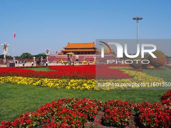 The flower altar at Tian 'anmen Square celebrates the upcoming National Day in Beijing, China, on September 23, 2024. (