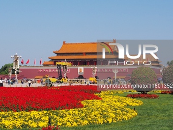 The flower altar at Tian 'anmen Square celebrates the upcoming National Day in Beijing, China, on September 23, 2024. (