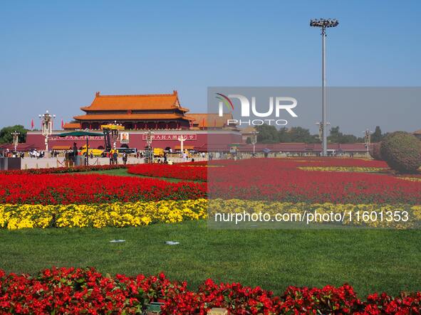 The flower altar at Tian 'anmen Square celebrates the upcoming National Day in Beijing, China, on September 23, 2024. 