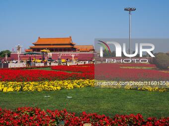 The flower altar at Tian 'anmen Square celebrates the upcoming National Day in Beijing, China, on September 23, 2024. (