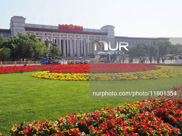 The flower altar at Tian 'anmen Square celebrates the upcoming National Day in Beijing, China, on September 23, 2024. 