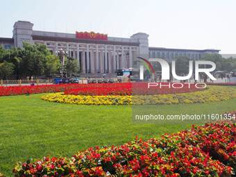 The flower altar at Tian 'anmen Square celebrates the upcoming National Day in Beijing, China, on September 23, 2024. (