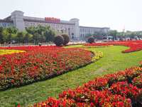 The flower altar at Tian 'anmen Square celebrates the upcoming National Day in Beijing, China, on September 23, 2024. (