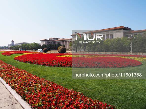 The flower altar at Tian 'anmen Square celebrates the upcoming National Day in Beijing, China, on September 23, 2024. 