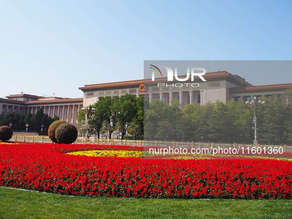 The flower altar at Tian 'anmen Square celebrates the upcoming National Day in Beijing, China, on September 23, 2024. 