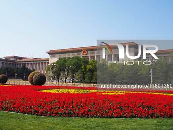 The flower altar at Tian 'anmen Square celebrates the upcoming National Day in Beijing, China, on September 23, 2024. (