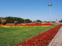 The flower altar at Tian 'anmen Square celebrates the upcoming National Day in Beijing, China, on September 23, 2024. (