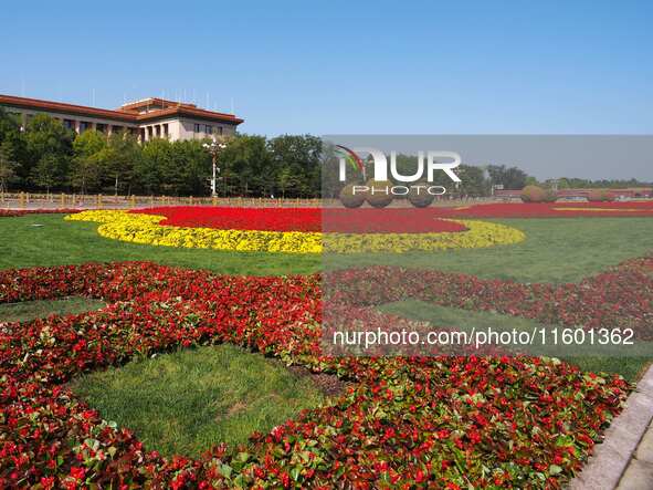 The flower altar at Tian 'anmen Square celebrates the upcoming National Day in Beijing, China, on September 23, 2024. 