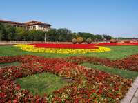 The flower altar at Tian 'anmen Square celebrates the upcoming National Day in Beijing, China, on September 23, 2024. (