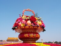 Flower baskets are seen at Tian'anmen Square to celebrate the upcoming National Day in Beijing, China, on September 23, 2024. (