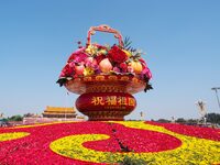 Flower baskets are seen at Tian'anmen Square to celebrate the upcoming National Day in Beijing, China, on September 23, 2024. (