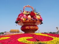 Flower baskets are seen at Tian'anmen Square to celebrate the upcoming National Day in Beijing, China, on September 23, 2024. (