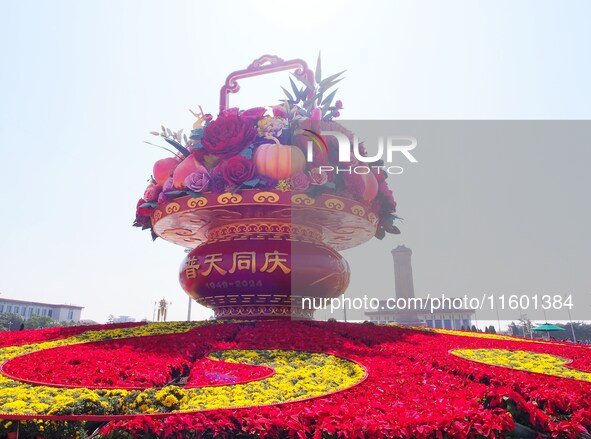 Flower baskets are seen at Tian'anmen Square to celebrate the upcoming National Day in Beijing, China, on September 23, 2024. 