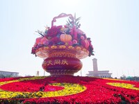 Flower baskets are seen at Tian'anmen Square to celebrate the upcoming National Day in Beijing, China, on September 23, 2024. (