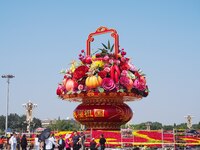 Flower baskets are seen at Tian'anmen Square to celebrate the upcoming National Day in Beijing, China, on September 23, 2024. (