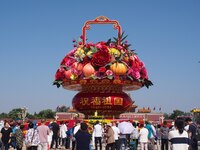 Flower baskets are seen at Tian'anmen Square to celebrate the upcoming National Day in Beijing, China, on September 23, 2024. (