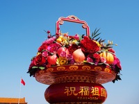 Flower baskets are seen at Tian'anmen Square to celebrate the upcoming National Day in Beijing, China, on September 23, 2024. (