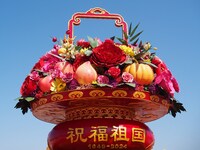 Flower baskets are seen at Tian'anmen Square to celebrate the upcoming National Day in Beijing, China, on September 23, 2024. (