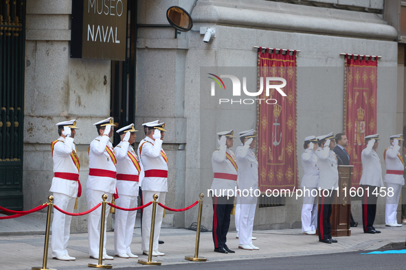 The Mayor of Madrid, Jose Luis Martinez-Almeida, presents a new national flag to the Marine Infantry Grouping of Madrid, donated by the Madr...