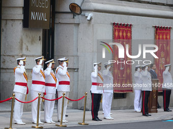 The Mayor of Madrid, Jose Luis Martinez-Almeida, presents a new national flag to the Marine Infantry Grouping of Madrid, donated by the Madr...