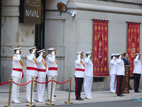 The Mayor of Madrid, Jose Luis Martinez-Almeida, presents a new national flag to the Marine Infantry Grouping of Madrid, donated by the Madr...