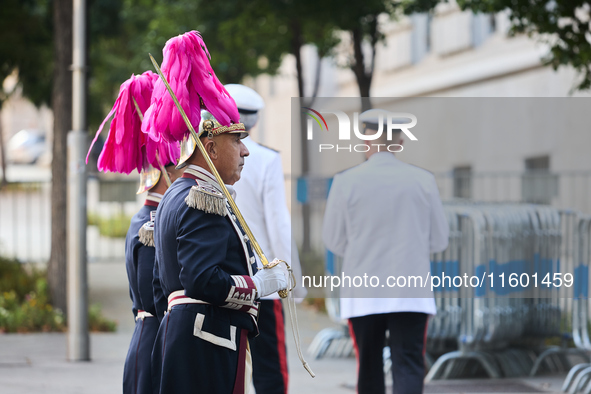 The Mayor of Madrid, Jose Luis Martinez-Almeida, presents a new national flag to the Marine Infantry Grouping of Madrid, donated by the Madr...